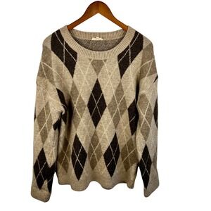 Mystree Mens Argyle Crewneck Sweater Tan Brown Knit Large Academia Preppy Chunky